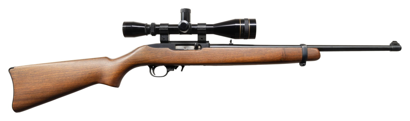 RUGER 10/22 SEMI-AUTO CARBINE WITH LEUPOLD TARGET: SCOPE. Cal. 22 LR. S# 159768. Bbl. 18 1/2" with "Inc." in address plus banded front sight having brass bead; folding leaf rear sight. Mfg. 1968 (1964 to date) with early features of Overton walnut sto