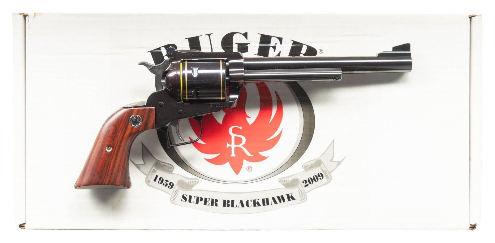 RUGER NM SUPER BLACKHAWK 50th ANNIVERSARY: REVOLVER. Cal. 44 Mag. S# SB-00060. Bbl. 7 1/2" w/ ramp front sight & frame mounted adj. rear of early style w/out eagle logo. Approx. 1550 mfg. 2009 (this example mfg. Dec. 2008) commemorating Ruger'