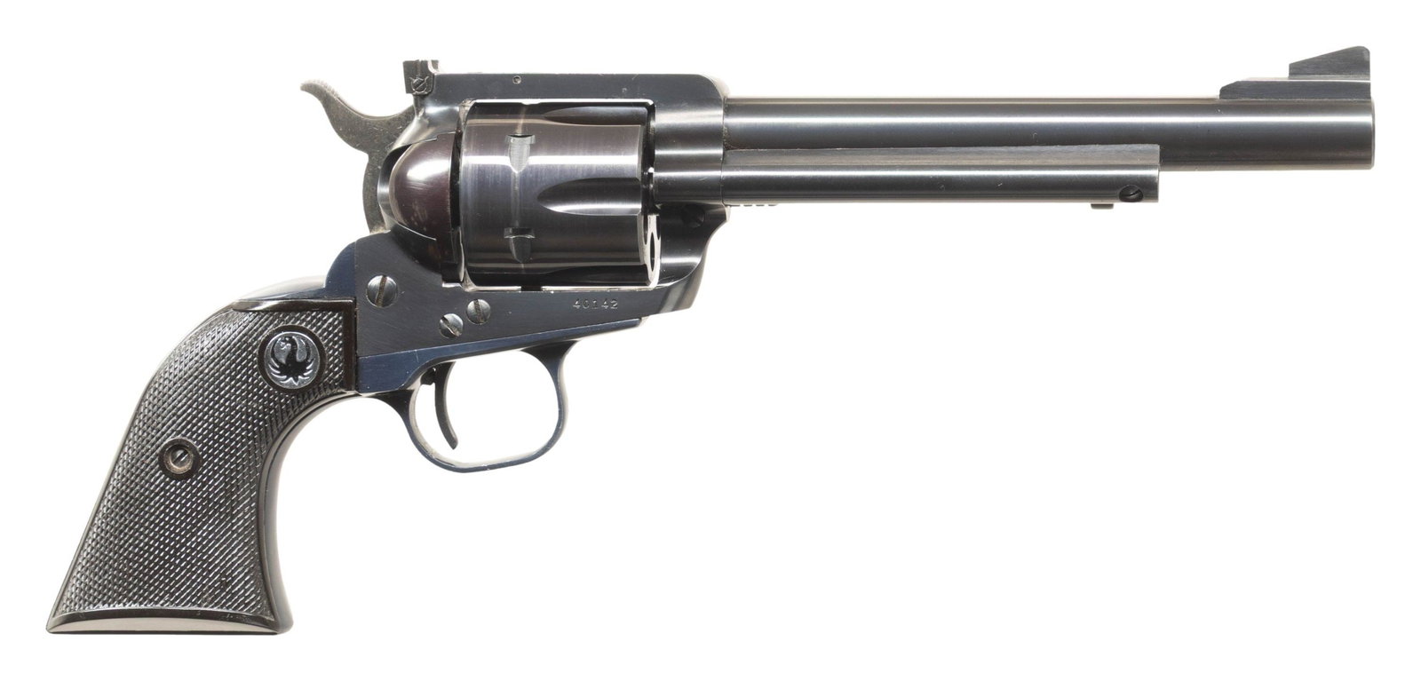 RUGER OLD MODEL 357 FLAT TOP BLACKHAWK REVOLVER.: Cal. 357 Mag. S# 40142. Bbl. 6 1/2" with serrated blade integral to ramped base as front sight plus frame mounted Micro adjustable rear sight. Mfg. 1962 (1955-1962) as BKH-36 with standard Type 4 feat