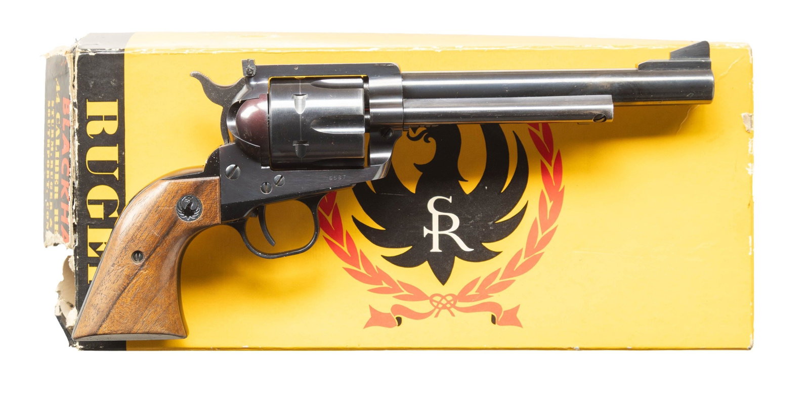 RUGER OLD MODEL 44 FLAT TOP BLACKHAWK REVOLVER.: Cal. 44 Mag. S# 5587. Bbl. 6 1/2" with serrated blade integral to ramped base as front sight plus frame mounted Micro adjustable rear sight. Mfg. 1957 (1956-1962) as BKH-46 with standard Type 2 featur