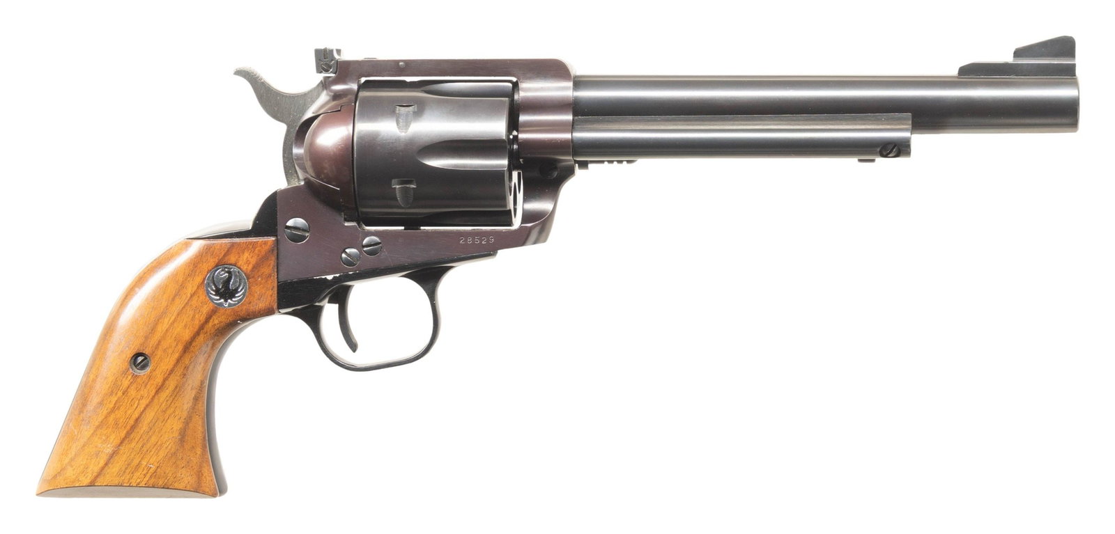 RUGER OLD MODEL 44 FLAT TOP BLACKHAWK REVOLVER.: Cal. 44 Mag. S# 28529. Bbl. 6 1/2" with serrated blade integral to ramped base as front sight plus frame mounted Micro adjustable rear sight. Mfg. 1962 (1956-1962) as BKH-46 with standard Type 4 featu