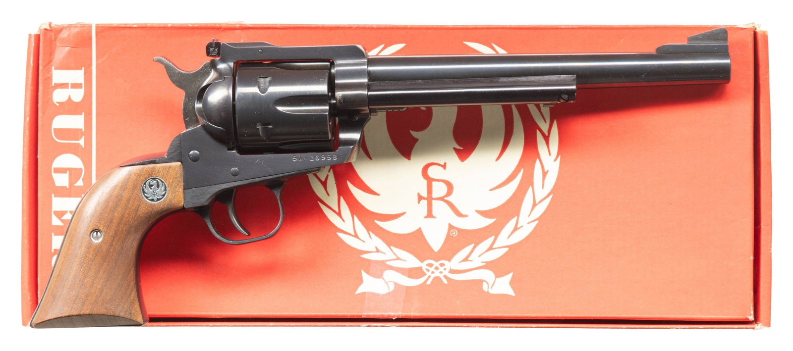 RUGER 30 CARB. NEW MODEL BLACKHAWK REVOLVER.: Cal. 30 Carb. S# 51-16958. Bbl. 7 1/2" with serrated blade integral to ramped base as front sight plus frame mounted factory adjustable rear sight. Mfg. 1979 (1973 to date) as BN-31 with oiled walnut 