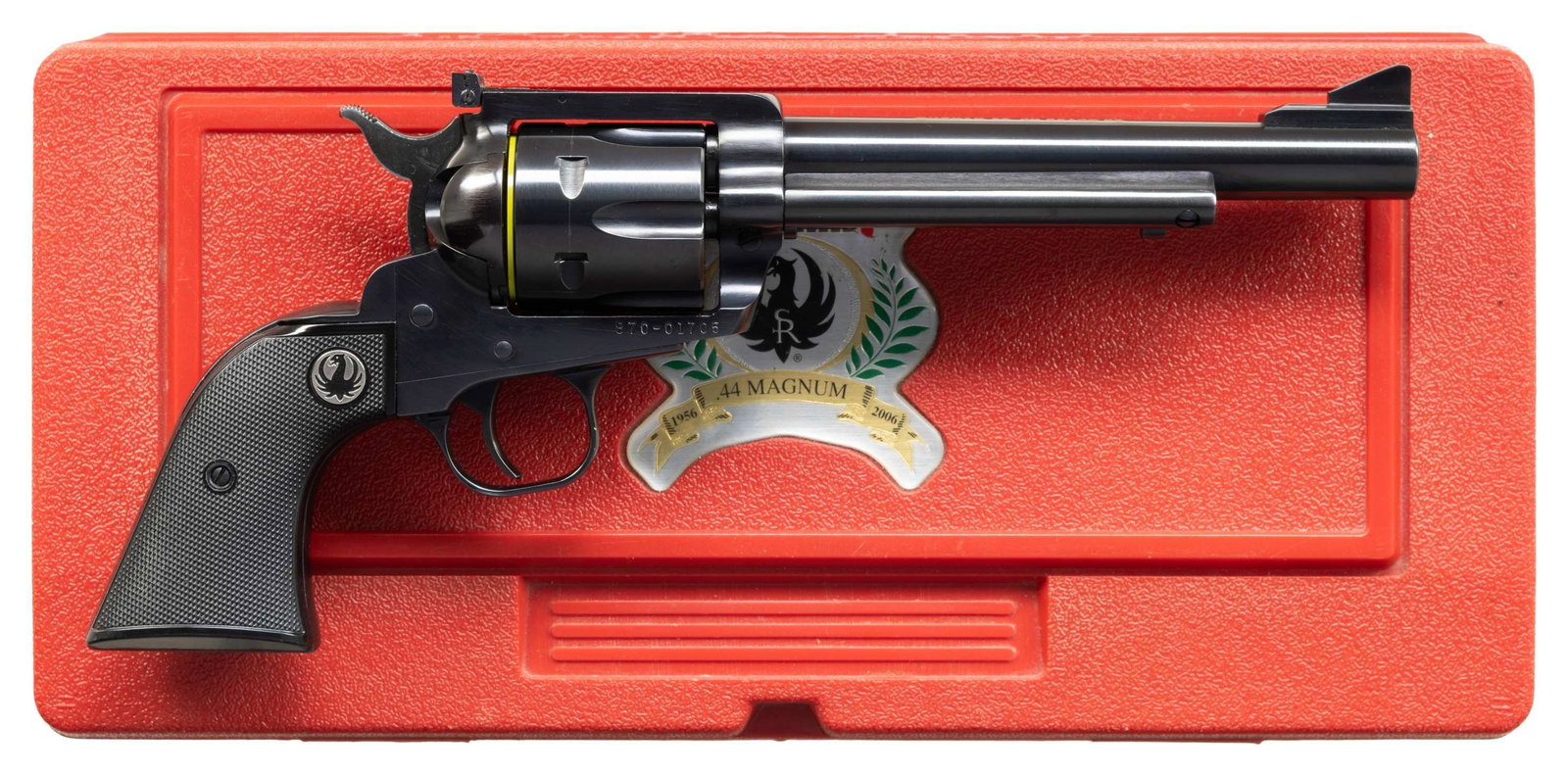 RUGER 50th ANNIV. 44 MAG. NM BLACKHAWK REVOLVER.: Cal. 44 Mag. S# 870-01705. Bbl. 6 1/2" with serrated blade integral to ramped base as front sight plus frame mounted "Micro" adjustable rear sight. Mfg. 2006 (2006-2008) as S-465N-50 with Model number