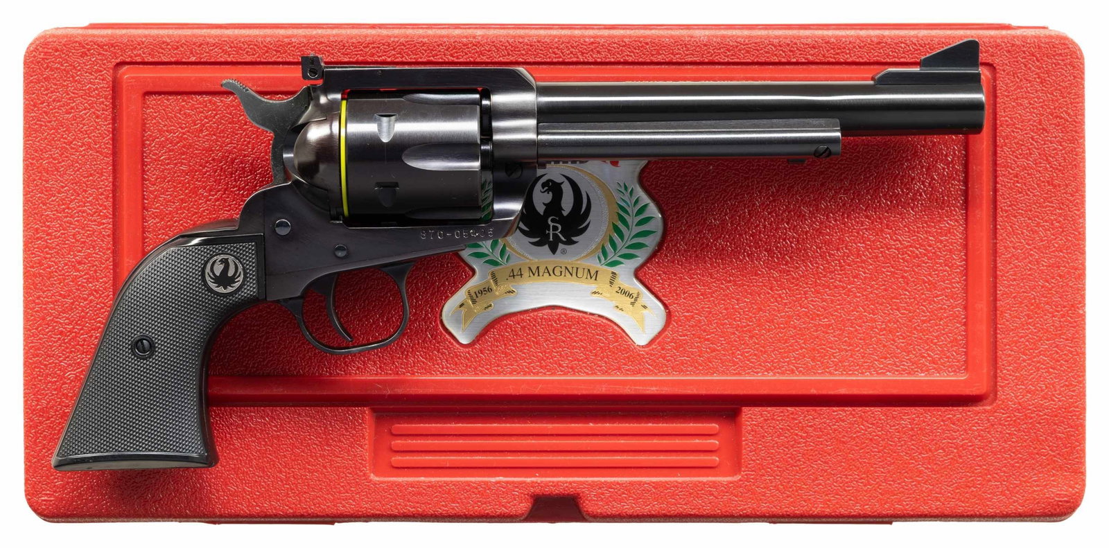 RUGER 50th ANNIV. 44 MAG. NM BLACKHAWK REVOLVER.: Cal. 44 Mag. S# 870-15405. Bbl. 6 1/2" with serrated blade integral to ramped base as front sight plus frame mounted "Micro" adjustable rear sight. Mfg. 2006 (2006-2008) as S-465N-50 with Model number