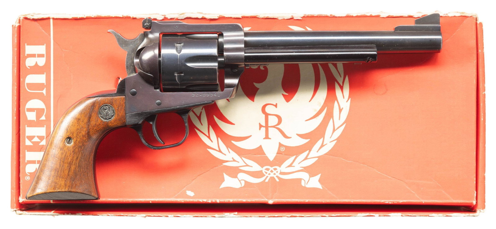 RUGER 357 MAG. / 9MM LUGER NEW MODEL BLACKHAWK: CONVERTIBLE REVOLVER. Cal. 357 Mag. / 9MM Luger. S# 32-89341. Bbl. 6 1/2" with serrated blade integral to ramped base as front sight plus frame mounted factory adjustable rear sight. Mfg. 1975 (1973 t