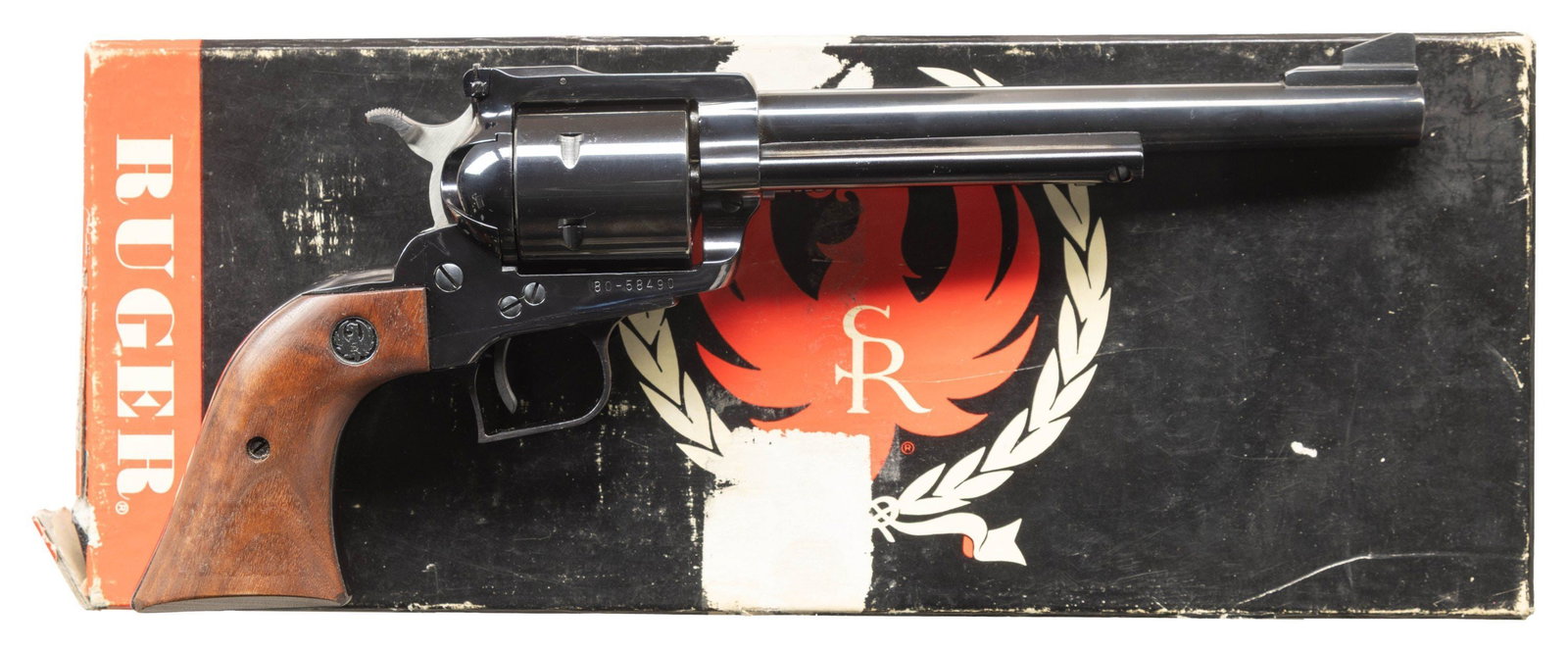 RUGER OLD MODEL SUPER BLACKHAWK REVOLVER.: Cal. 44 Mag. S# 80-58490. Bbl. 7 1/2" with serrated blade integral to ramped base for front sight plus frame mounted factory adjustable rear sight. Mfg. 1973 (1959-1973) as S47 with standard features 