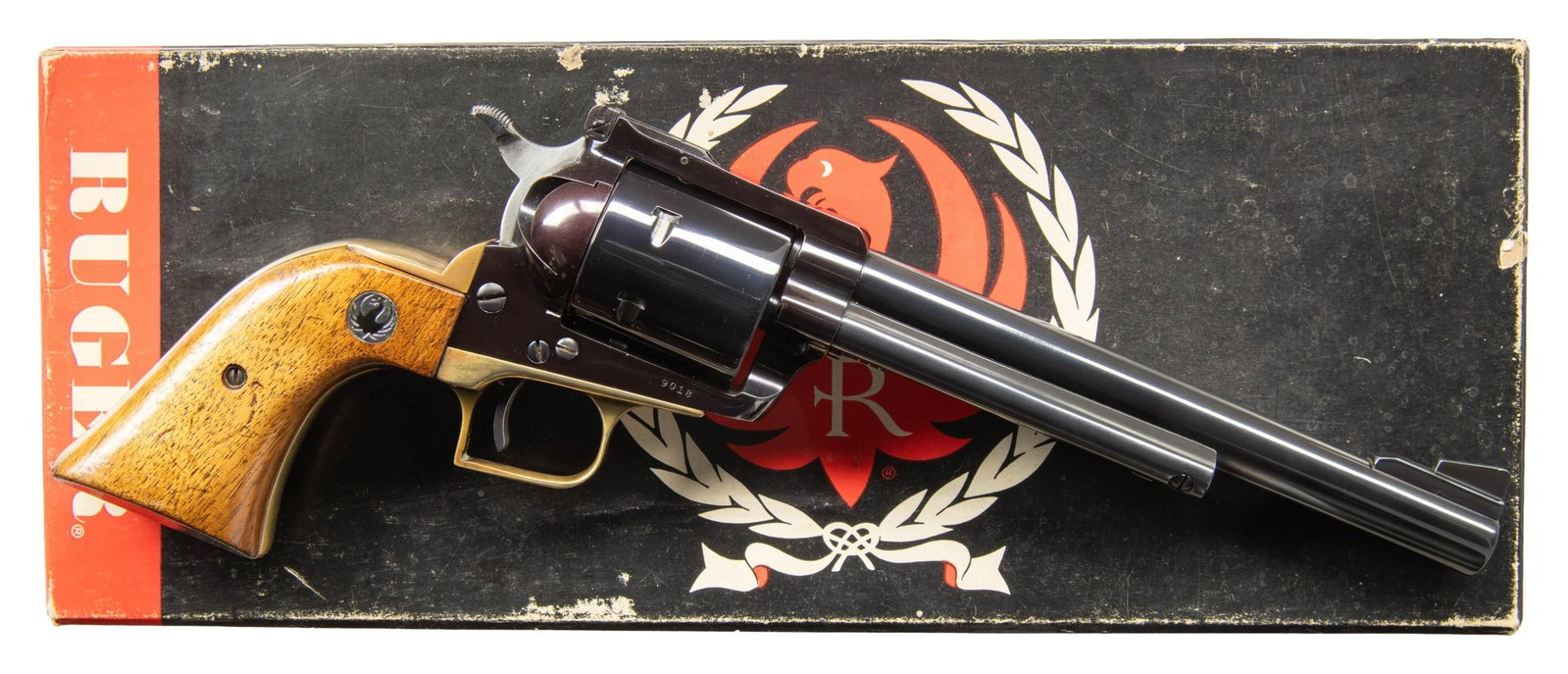 RUGER BRASS FRAMED OLD MODEL SUPER BLACKHAWK: REVOLVER. Cal. 44 Mag. S# 9018. Bbl. 7 1/2" with serrated blade integral to ramped base for front sight plus original frame mounted "Micro" marked adjustable rear sight. Mfg. 1962 (1959-1973) as S47 w