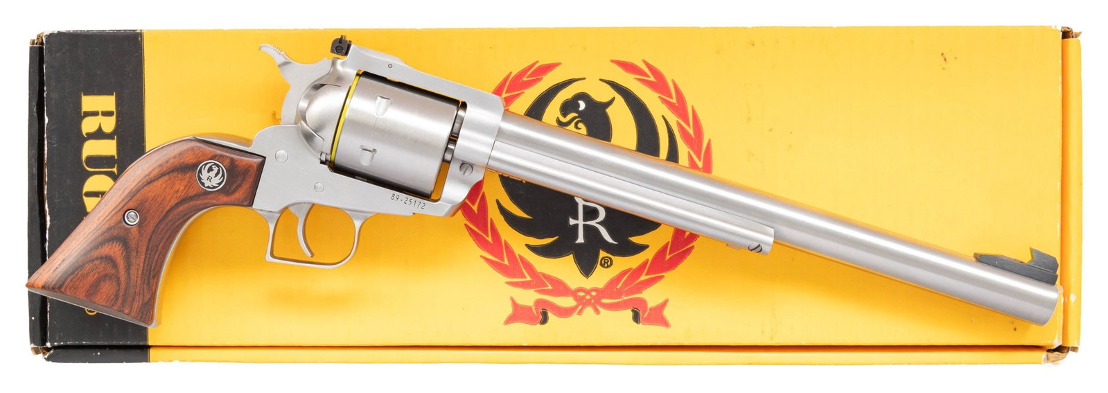 RUGER STAINLESS NM SUPER BLACKHAWK REVOLVER.: Cal. 44 Mag. S# 89-25172. Bbl. 10 1/2" heavy bull with screw attached blued undercut target front sight; frame mounted eagle marked factory adjustable rear sight. Mfg. 2023 (1997 to date) as stainless