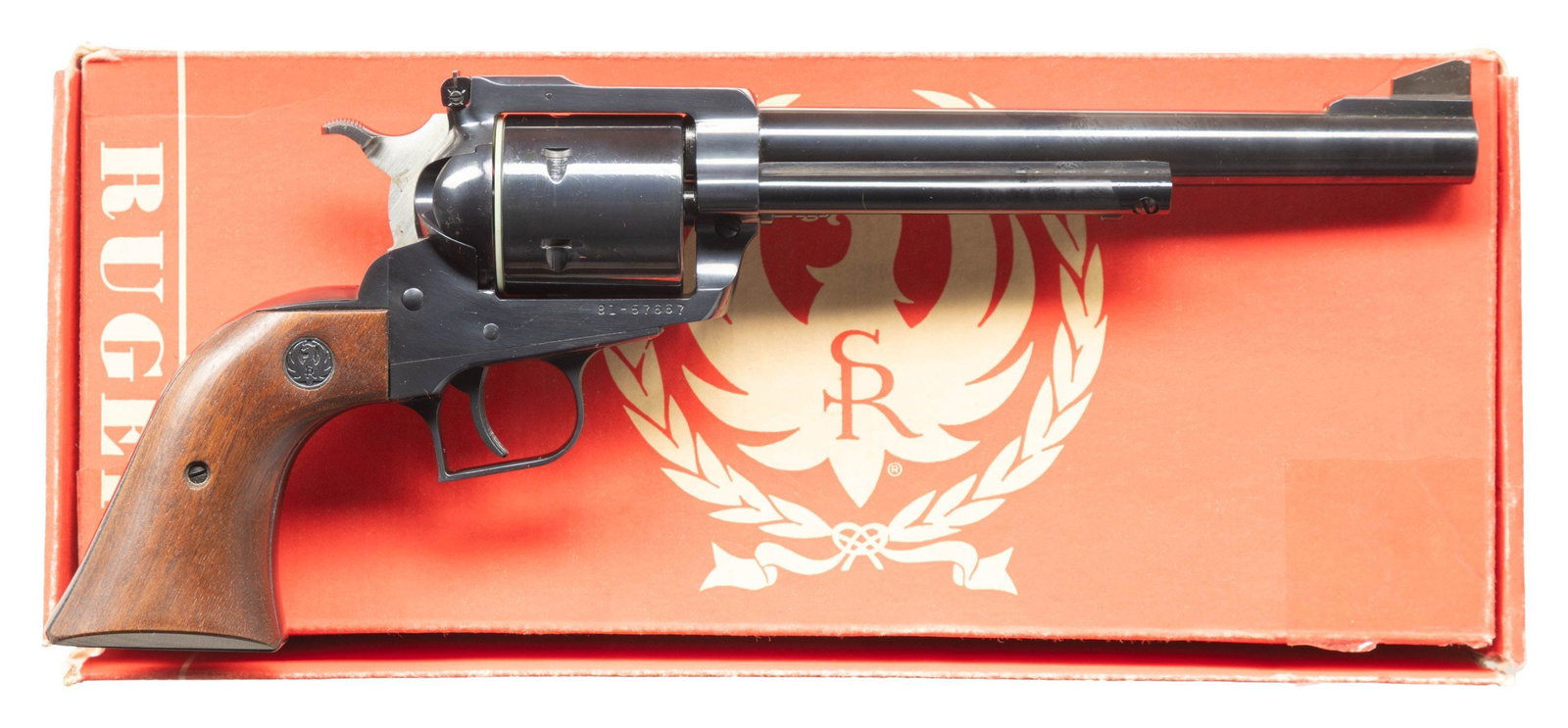 RUGER 1975 NEW MODEL SUPER BLACKHAWK REVOLVER.: Cal. 44 Mag. S# 81-57667. Bbl. 7 1/2" with serrated blade integral to ramped base as front sight plus frame mounted factory adjustable rear sight. Mfg. 1975 (1973 to date for all NM Supers) as S47N wi