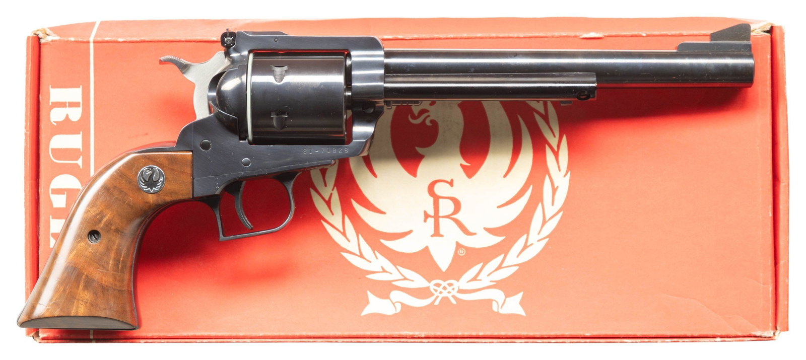 RUGER BICENTENNIAL NM SUPER BLACKHAWK REVOLVER.: Cal. 44 Mag. S# 81-71828. Bbl. 7 1/2" with serrated blade integral to ramped base as front sight plus frame mounted factory adjustable rear sight. Mfg. 1976 (1973 to date for all NM Supers) as S47N wi