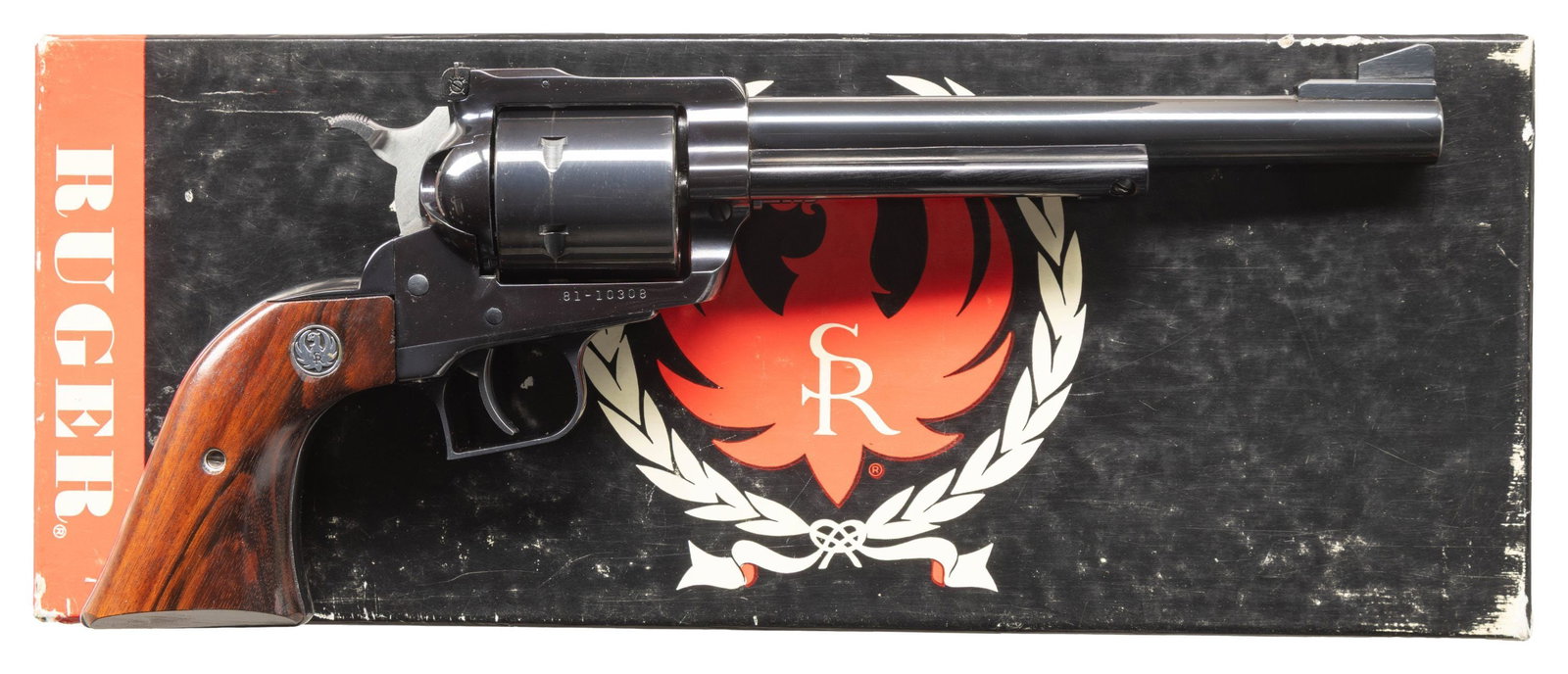 RUGER BOXED NEW MODEL SUPER BLACKHAWK REVOLVER.: Cal. 44 Mag. S# 81-10308. Bbl. 7 1/2" with serrated blade integral to ramped base for front sight plus frame mounted factory adjustable rear sight. Mfg. 1973 (1973 to date) as S47N with standard featu