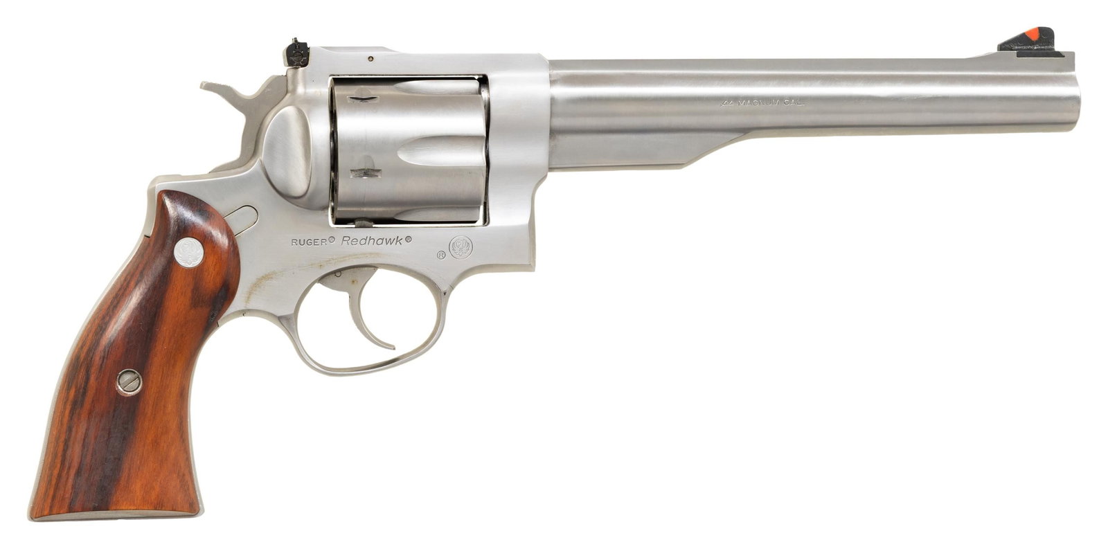RUGER REDHAWK 44 MAG. DA REVOLVER.: Cal. 44 Mag. S# 502-76639. Shipped 1990 as Model 05001; Catalog No. KRH-44. Stainless steel finished revolver w/ 7.5" bbl. Red insert ramp front sight & adj. rear sight. 6 Shot fluted cyl. Smooth hard