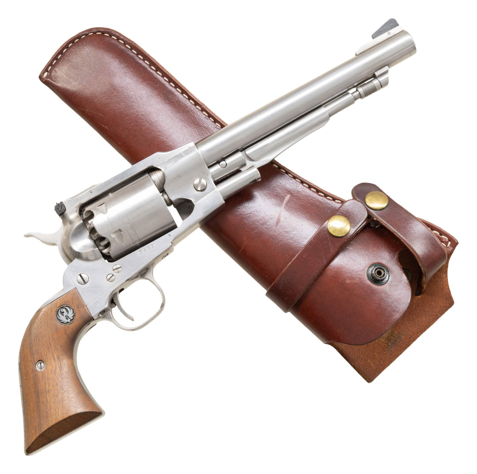 RUGER STAINLESS BICENTENNIAL OLD ARMY REVOLVER.: Cal. 45 (.457"). S# 7437. Bbl. 7 1/2" with pinned blued serrated blade in ramped stainless base; frame mounted black adjustable rear sight. Mfg. 1976 (1975-2009) as KBP7 with oiled walnut grips having