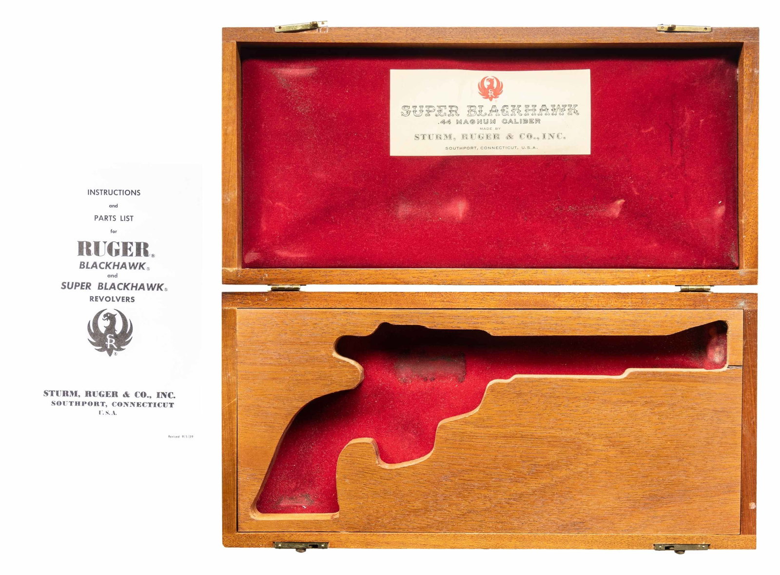 ORIGINAL RUGER SUPER BLACKHAWK MAHOGANY BOX.: Original box as used on Supers starting in 1959 and ceasing in April of 1961 due to a fire at the supplier. Ruger was not able to find an acceptable supplier for more wood boxes so for just over one y