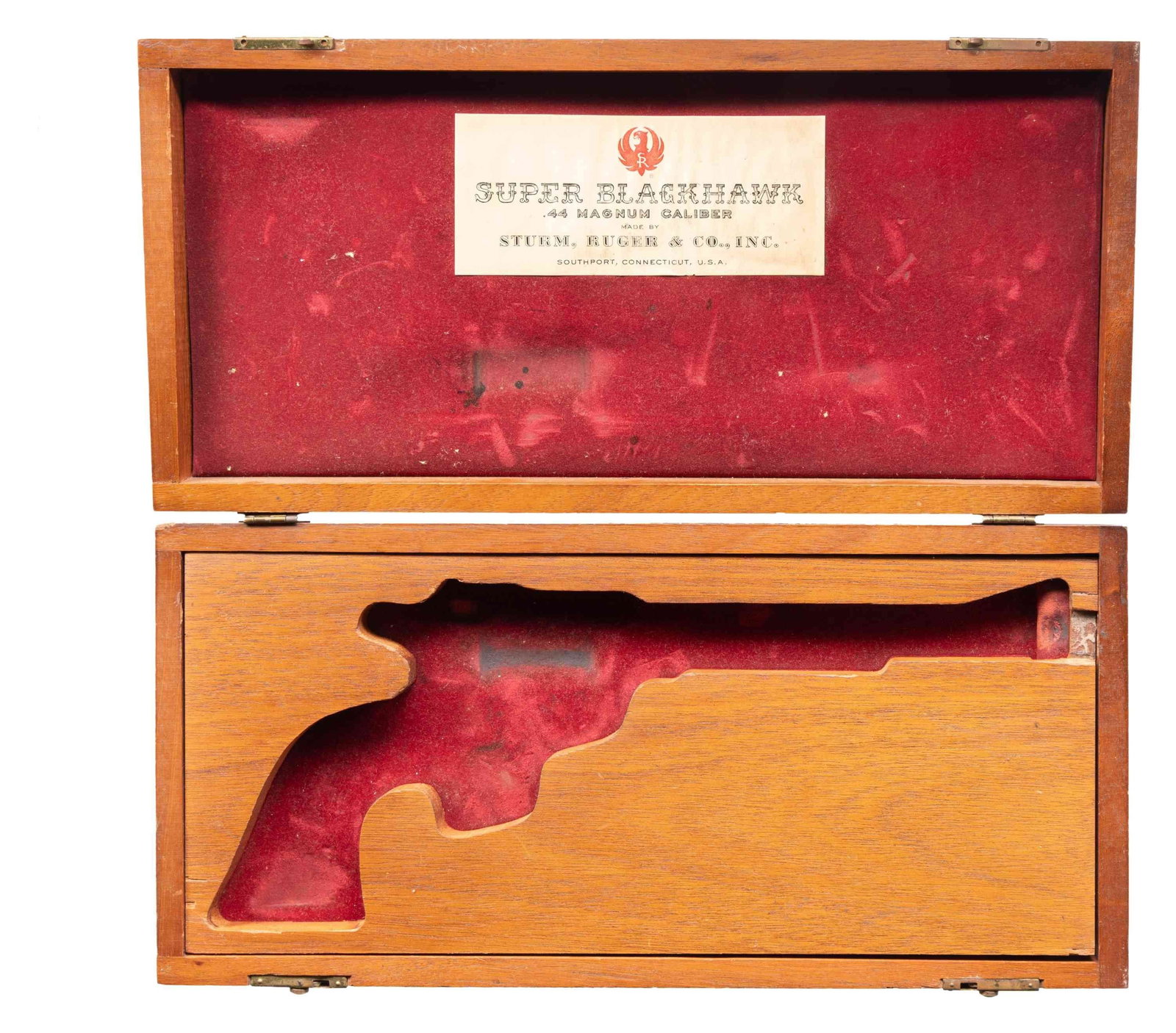 ORIGINAL RUGER SUPER BLACKHAWK MAHOGANY BOX.: Original box as used on Supers starting in 1959 and ceasing in April of 1961 due to a fire at the supplier. Ruger was not able to find an acceptable supplier for more wood boxes so for just over one y