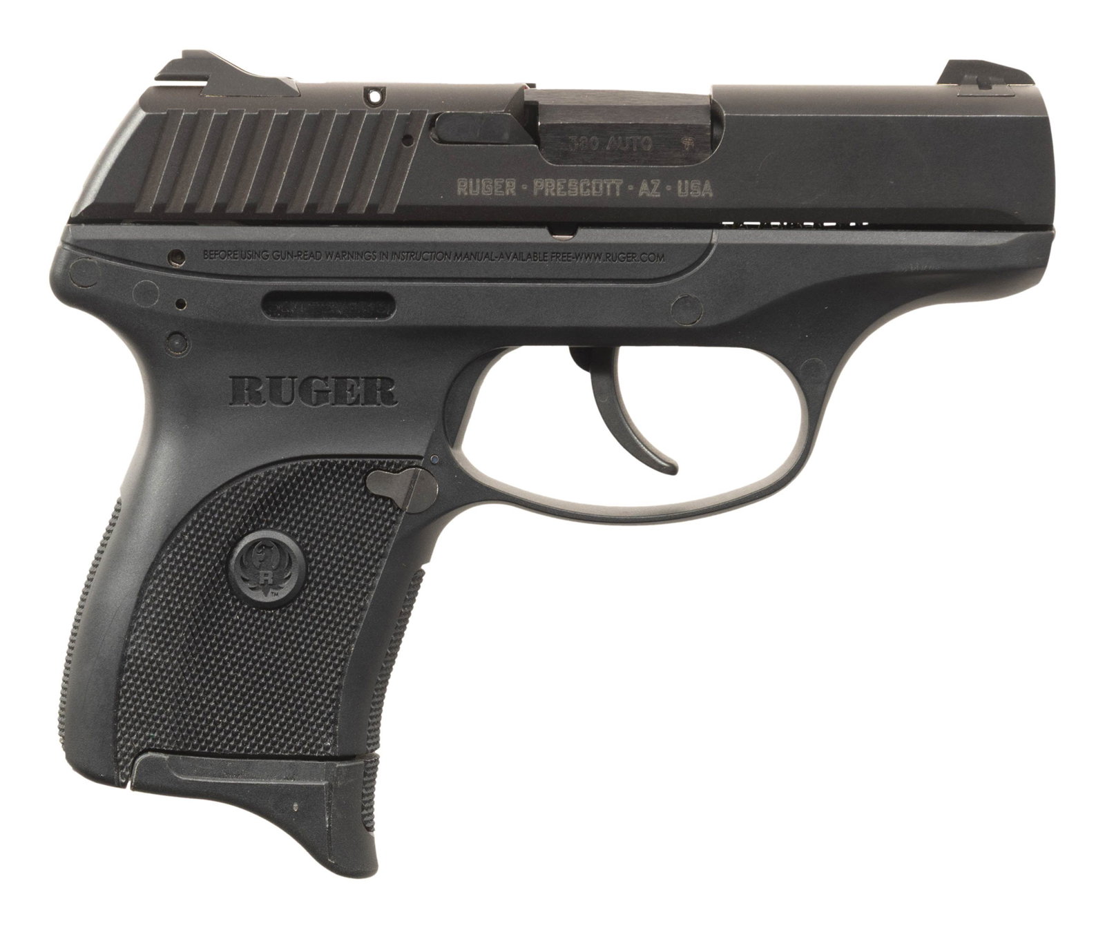 RUGER MODEL LC380 SEMI-AUTO PISTOL.: Cal. 380 ACP. S# 324-59213. Bbl. 3.12". Mfg. 2013 (introductory year) having black finished metal and glass filled nylon frame. Slide has square cut slanted cocking grooves, loaded chamber indicator p