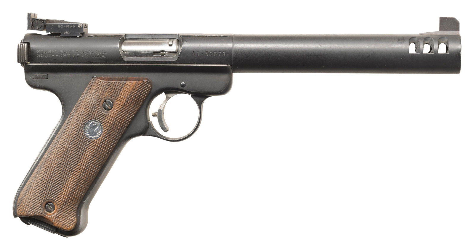 RUGER MARK I VOLQUARTSEN SEMI-AUTO TARGET PISTOL.: Cal. 22 LR. S# 11-52573. Bbl. 7" Volquartsen "Deluxe Target" marked bull barrel of .990" diameter including its integral 6 port muzzle brake. Front Patridge sight dovetailed into barrel aligned with b