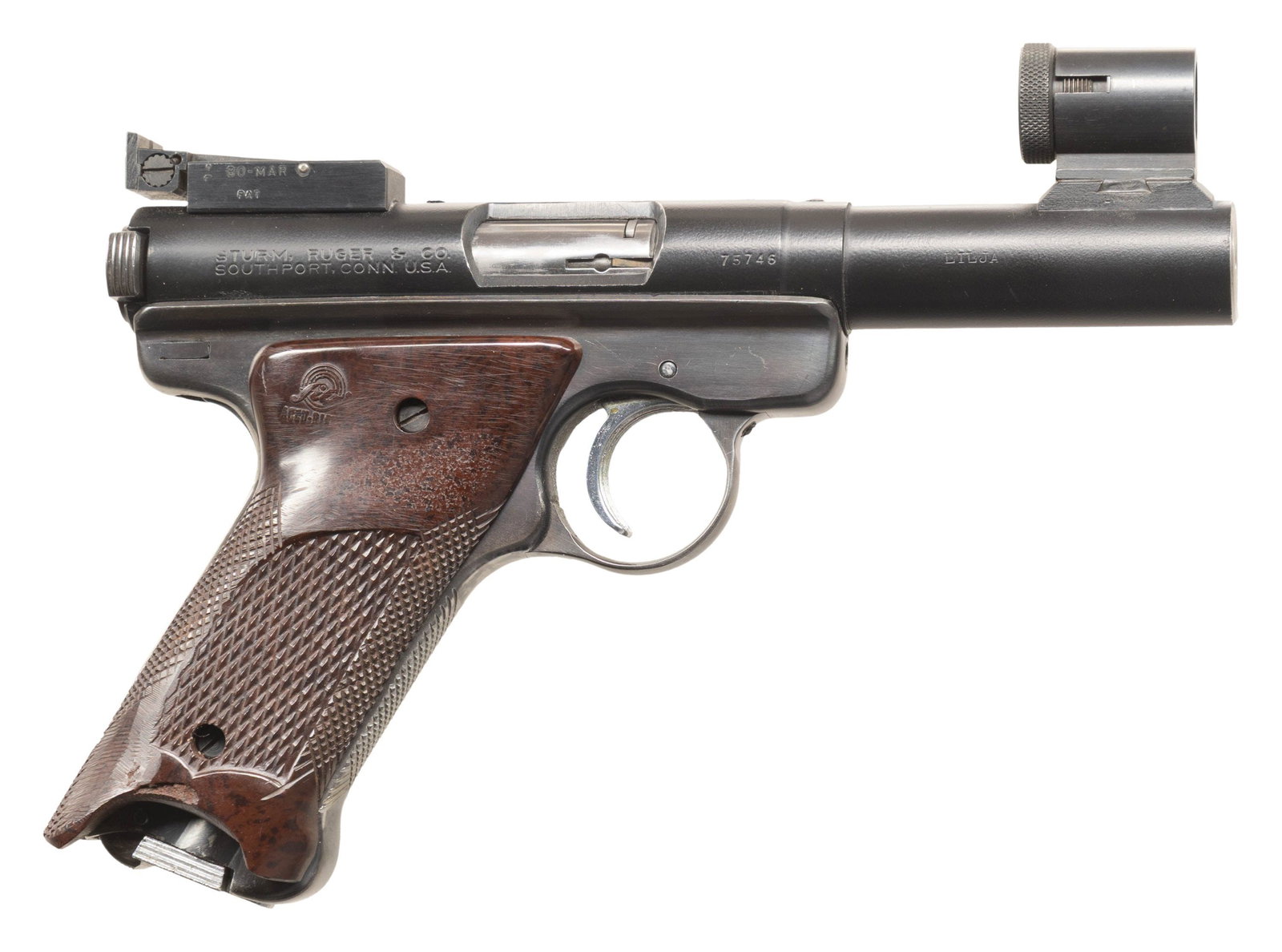 RUGER CUSTOM MARK I SEMI-AUTO TARGET PISTOL.: Cal. 22 LR. S# 75746. Bbl. 4 1/8" Lilja bull barrel of .900" diameter. Front globe sight with post insert has the appearance of being a large diameter (.800") Lyman 17A on a Lyman 25 dovetailed base; 