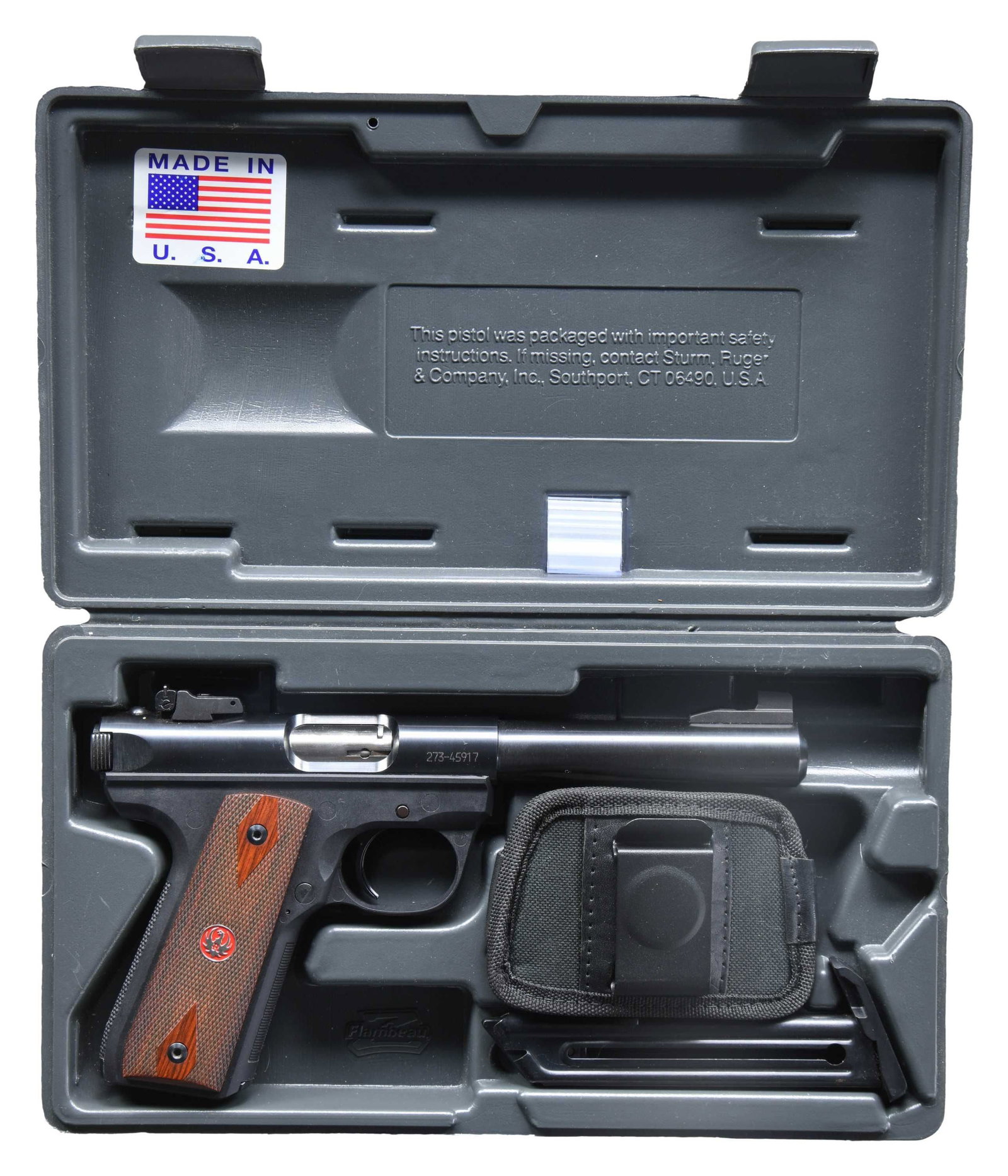 CASED RUGER 22/45 MK III TARGET SEMI-AUTO PISTOL.: Cal. 22 LR. S# 273-45917. Bbl. 5 1/2' bull with "warning marks" discreetly on its bottom plus sights of Patridge screw attached front and receiver mounted factory adjustable rear. Test fired 04-02-201