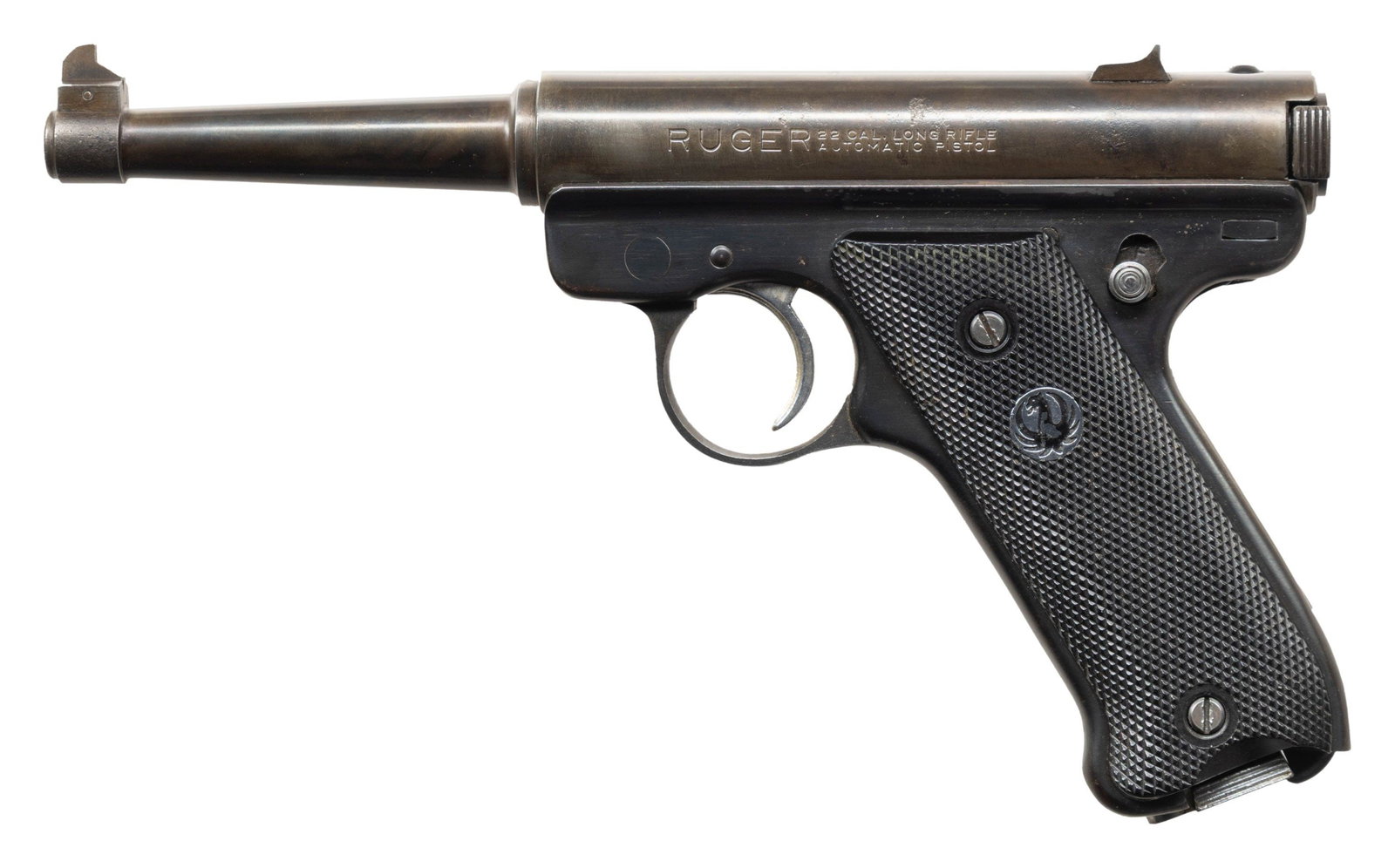RUGER STANDARD AUTO SEMI-AUTO PISTOL.: Cal. 22 LR. S# 11-01683. Bbl. 4 3/4" with Patridge blade front sight; windage drift adjustable rear sight. Mfg. 1971 (1949-1982) with silver serrated trigger and checkered black plastic grips having b