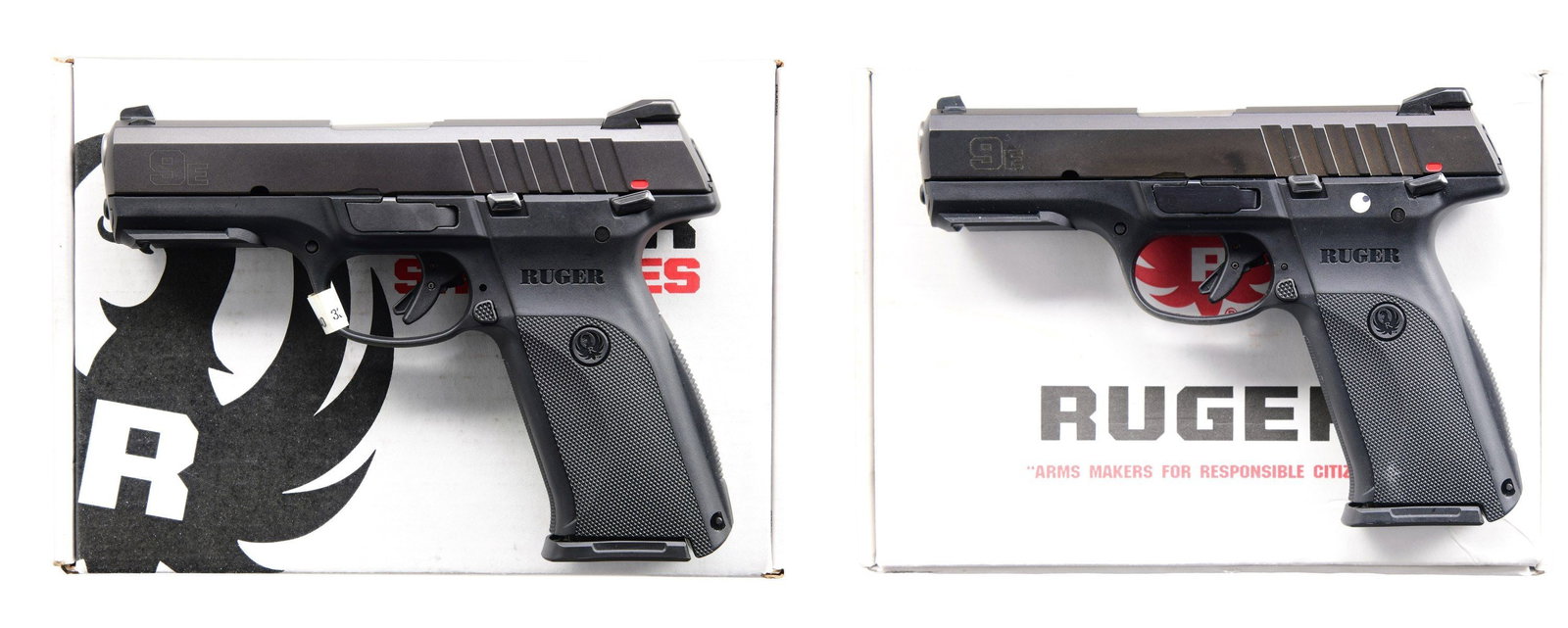 2 RUGER MODEL 9E SEMI-AUTO PISTOLS WITH MATCHING: BOXES. Cal. 9x19mm.1) S# 338-12744. Bbl. 4". Model 9E semi-automatic pistol mfg. by Ruger in 2017. Left side of slide is marked "9E," with Ruger's mfg. information and logo marked on the right. Slide 