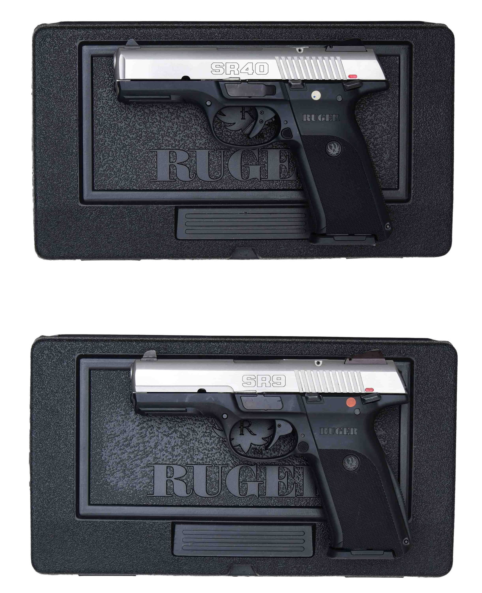 RUGER SR40 & SR9 SEMI AUTO PISTOLS.: ALL: stainless steel slides & black polymer frames. Bbls. 4.14". Fixed sights. 1) SR40 WITH FACTORY BOX. Cal. 40 S&W. S# 342-02137. Mfg. 2010 as Model 03470 / Catalog No. KSR40. MAGS: 2-15 Rds. UNATTA