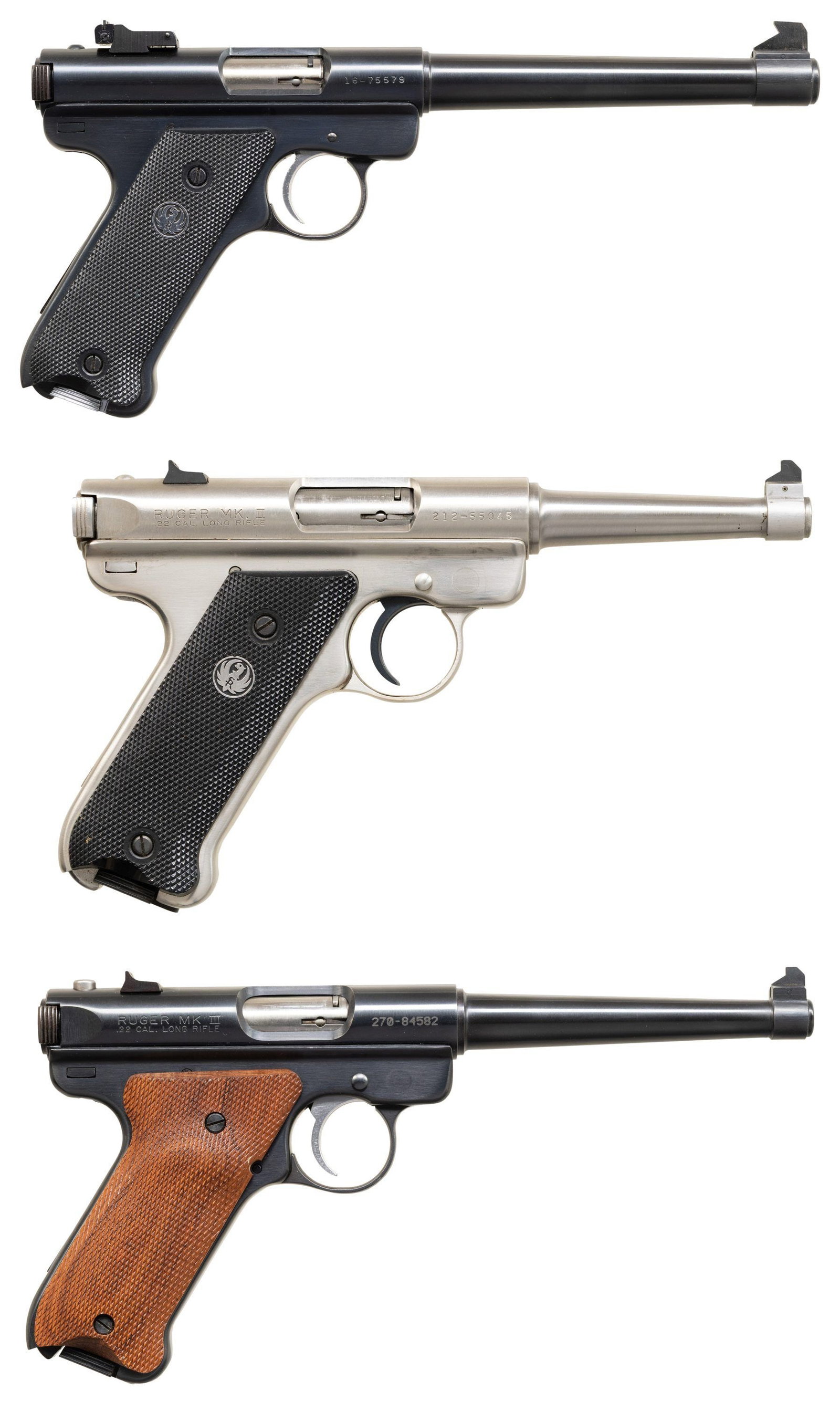 3 RUGER 22 LR SEMI-AUTO PISTOLS; MARK I, II & III.: ALL: Cal. 22 LR. Modern (post 1976) classifications. CONDTION: all 3 are near excellent including bores and grips.1). MARK I. S# 16-75579. Bbl. 6 7/8" tapered target with undercut front blade and all 