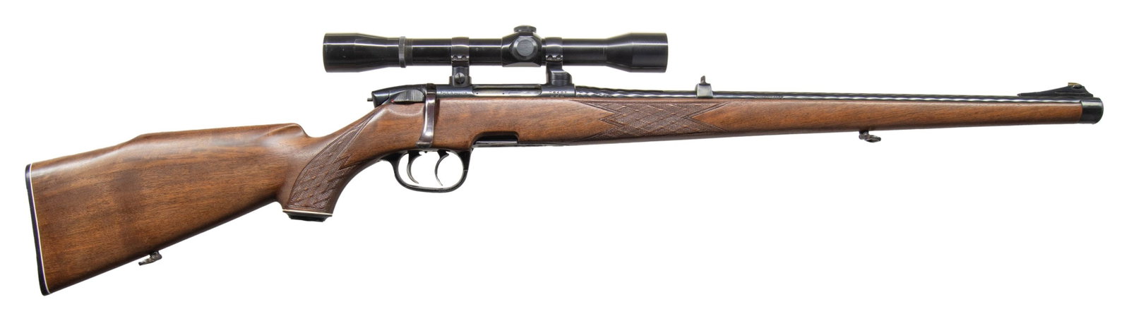STEYR MANNLICHER MODEL SL BOLT ACTION CARBINE.: Cal.223 Rem. S# 22195. 20" hammer forged bbl. Ramp mounted German silver bead front with fixed U- notch rear sight. Lyman All American 4x32 gloss finished scope with standard crosshairs on 2 pc mounts
