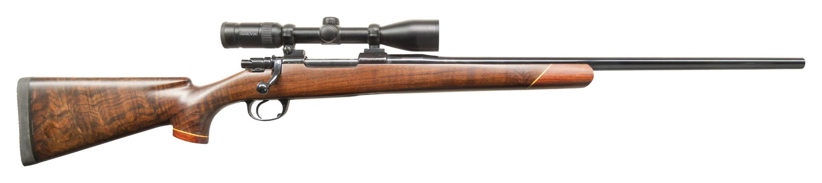 INTERARMS MARK X CUSTOM BOLT ACTION RIFLE.: Cal. 6.5 Rem Magnum. S# A229953. 24" custom heavy sporter weight bbl without sights. Swarovski Z3, 3-10x42 matte finished scope with 3 post reticle on 2 pc mounts. Mauser style action. Bolt knob has a