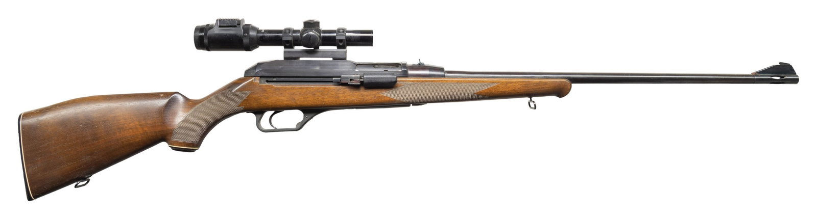 RARE & DESIRABLE HECKLER & KOCH MODEL 770: Cal. 308 Win. S# 09965. Mfg. 1981 w/ Ulm, Germany proofs. Bbl. 23" including muzzle brake & blade frotn sight. Folding rear sight. Bushnell Banner Lite-Site 1.5-6x duplex scope on HK mount. Checkered 