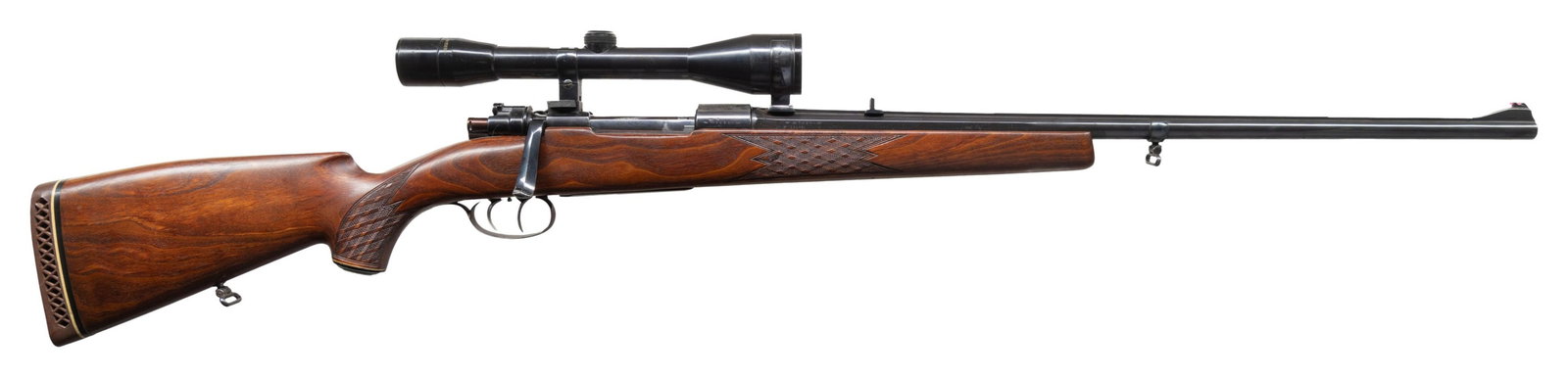 M. KRUSCHITZ, FERLACH CUSTOM M98 MAUSER BOLT: ACTION RIFLE. Cal. 270 Win. S# 4711. 24" tapered octagon to round bbl with solid rib. Rib top is finely knurled with marking "M. Krusschilz-Ferlach-Wein". Ramp mounted red fiber optic front with fixed