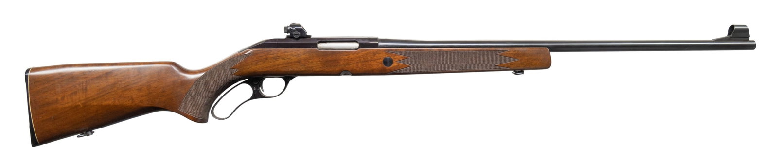 SAKO FINNWOLF LEVER ACTION RIFLE.: CAL. 243 Win. S# 7345. 23" hooded ramp blade front bbl with Sako receiver sight. Checkered walnut stock with sling swivels & original butt plate. Mfg. 1962-1974. MAGS: 1 detachable. CONDITION: near ex