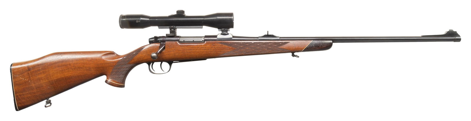 SAUER WEATHERBY JUNIOR BOLT ACTI0N RIFLE.: Cal. 224 Weatherby Magnum. S# 51813. 24" light sporter weight bbl. Band & ramp mounted bead front with fixed U notch rear sight. Supra German scope with 3 post reticle on QD mounts. Small diameter Mar