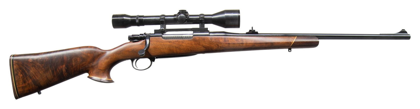HARRINGTON & RICHARDSON ULTRA FN MODEL 98 CUSTOM: STOCKED BOLT ACTION RIFLE. Cal. 30-06. S# 52155. 22" ramp mounted bead front bbl with Williams adj. rear sight. Pecar, Berlin, Germany, 6x59mm scope with standard crosshairs. FN model 98 action has je