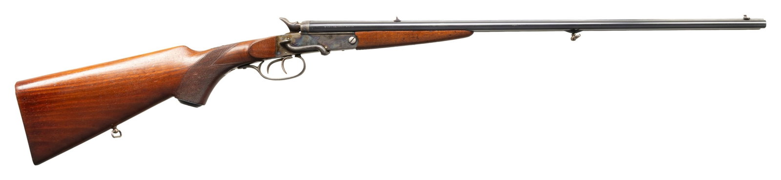 GERMANIA WAFFENWERK SXS COMBO GARDEN GUN.: Cal. 22 LR / 9mm Flobert. S# 3216. Bbls. 23.75". Matted rib has blade front sight & notch rear sight; bottom rib has sling swivel. Case colored side-lever hammer action w/ dbl. triggers & pivoting ext