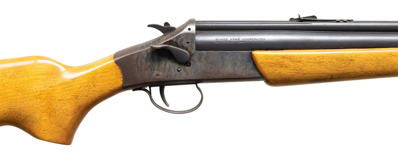 22 LR / 20 GA., SAVAGE ARMS 24S O/U COMBO.: Cal. 22 LR / 20 Ga., 2 3/4" & 3". NSN. Mfg. 1964-1971. Bbls. 23.5"; shotgun choke appears to measure Mod. Sporting sights. Side lever opening of case colored action; hammer has barrel selector.