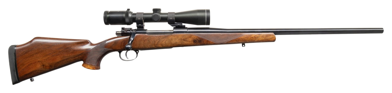 CUSTOM DWM MODEL 98 BOLT ACTION RIFLE.: Cal. 358 Win. S# 7894. 24" custom medium sporter weight bbl without sights. Tasco 30mm tube 1.5-6x42 matte finished scope with heavy Duplex reticle on Weaver mounts. Military action has custom