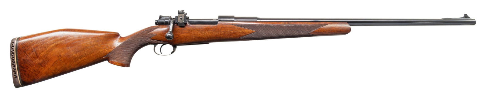 SIAMESE MODEL 1903 BILL MORRISON 45-70 SPORTER: BOLT ACTION RIFLE. Cal. 45-70. S# 4782. Bbl. 24 1/4" with Williams Streamline ramp grooved for hood having Winchester style dovetailed silver bead sight. Right rear of action has vintage steel Lyman 5