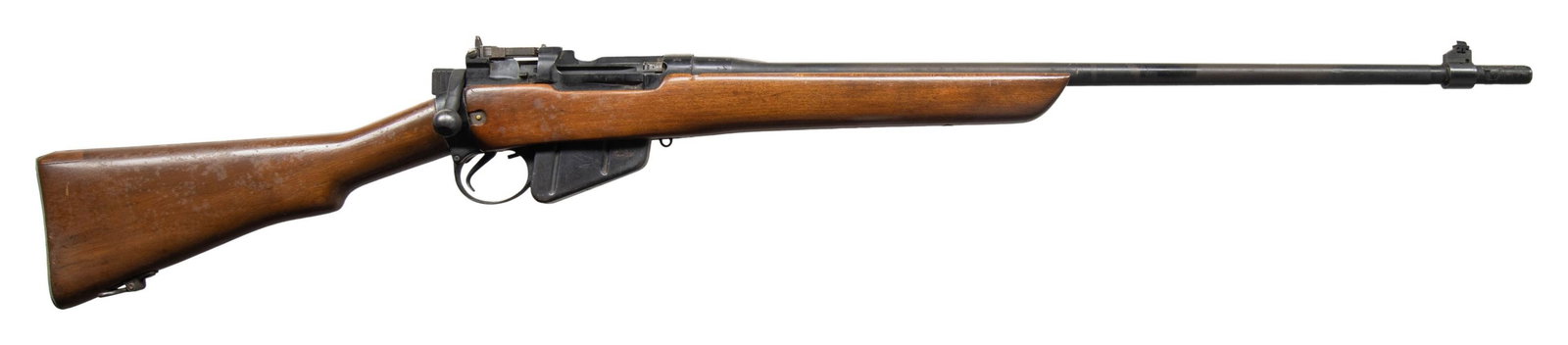SPORTERIZED NO. 4 MKI BOLT ACTION RIFLE.: Cal. 303 Brit. S# AO12971. Bbl. 25 1/2". Blade front sight. Ladder aperture rear sight graduated to 1400m. Receiver & stripper clip guide have added holes for scope mounting. Bolt is mismatched.