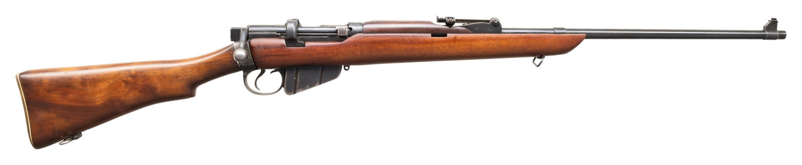 SPORTERIZED ENFIELD MKIII* SMLE BOLT ACTION RIFLE.: Cal. 303 Brit. S# L24774. Bbl. 25 1/2". Blade front sight. Standard SMLE ladder rear sight graduated to 2000yds. Matching numbers on receiver, bolt & bbl. Rear sight is mismatched. Receiver ring has I