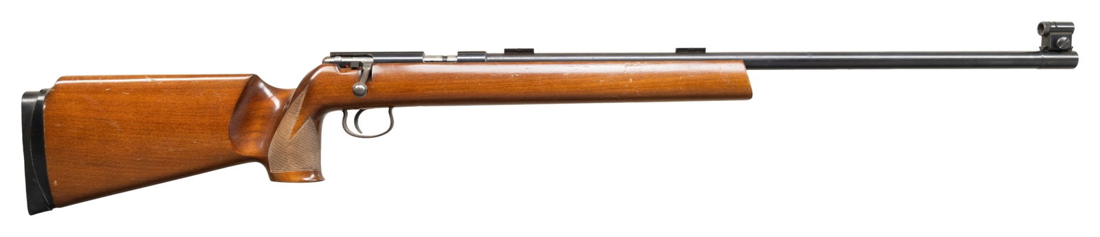 SAVAGE ANSCHUTZ MODEL 64 MATCH BOLT ACTION RIFLE.: Cal. 22 LR. S# 799162A. Bbl. 26". Globe front sight. No rear iron sight but bbl. has two sight blocks. Left rear of receiver has two holes for further sight mounting. West German made rifle imported