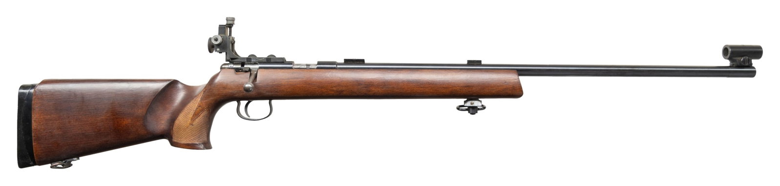 SAVAGE ANSCHUTZ MATCH 64 BOLT ACTION TARGET RIFLE.: Cal. 22 LR. S# 565359. Mfg. 1965. Bbl. 26". Globe front sight & Anschutz aperture micro-adj. receiver sight; barrel has 2 target blocks. Hardwood checkered target stock w/ accessory forearm rail