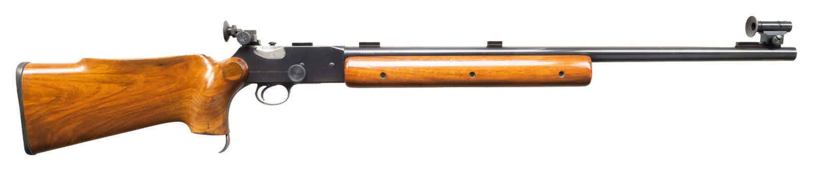 BSA MARTINI INTERNATIONAL MARK III FALLING BLOCK: TARGET RIFLE. Cal. 22 LR. S# UF3463. Bbl. 29" full floating heavy weight target barrel numbered UF3463 with recessed target crown plus 3 target blocks: at muzzle with Parker Hale globe sight having ci
