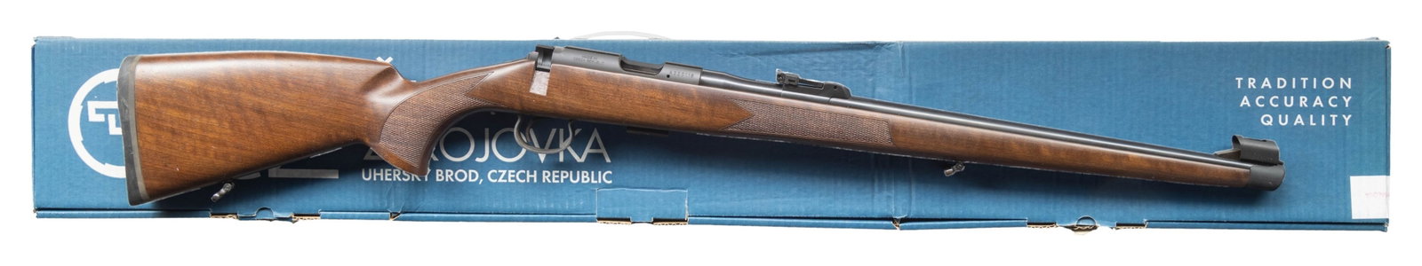 CZ 452-2E ZKM MANNLICHER STYLE BOLT ACTION CARBINE: Cal. 22 LR. S# A220118. 21" hooded ramp blade front bbl with tangent rear sight. Action has wing style safety on the cocking piece. Full length walnut stock with cut checkering, sling swivels & black 