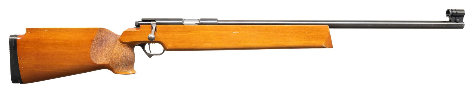 MERKEL MODELL 150 STANDARD BOLT ACTION TARGET: RIFLE. Cal. 22 LR. S# 41095. Mfg. Feb. 1974 in Suhl, GDR. Bbl. 26". Target globe front sight. Grooved single shot receiver has Merkel's logo over chamber. Hardwood target stock w/ accessory rail on fo