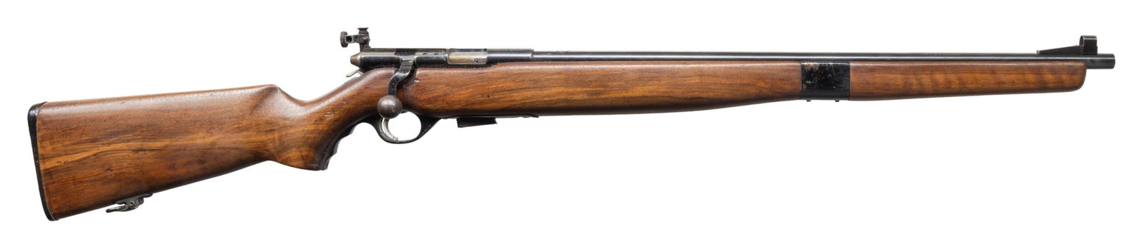 BRITISH MARKED MOSSBERG 42MB(A) BOLT ACTION: TRAINING RIFLE. Cal. 22 S, L & LR. S# 30391. Bbl. 23". Hooded blade front sight. Receiver mounted aperture rear sight. Rear of bbl. has British sale proofs with large Broad Arrow "N" marking denoting 