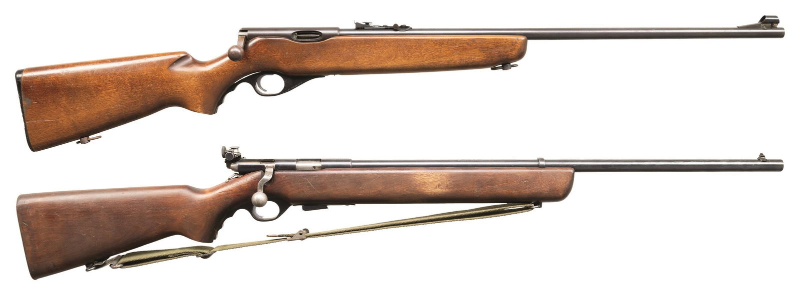 MOSSBERG 26B & 44 U.S. BOLT ACTION RIFLES.: 1) MODEL 26B. Cal. 22 S, L, LR. NSN. Bbl. 25". Hooded post front sight & adj. rear sight. Single shot action w/ plug screws for side mount. Walnut stock. CONDITION: fair blue mixing with brown patina 