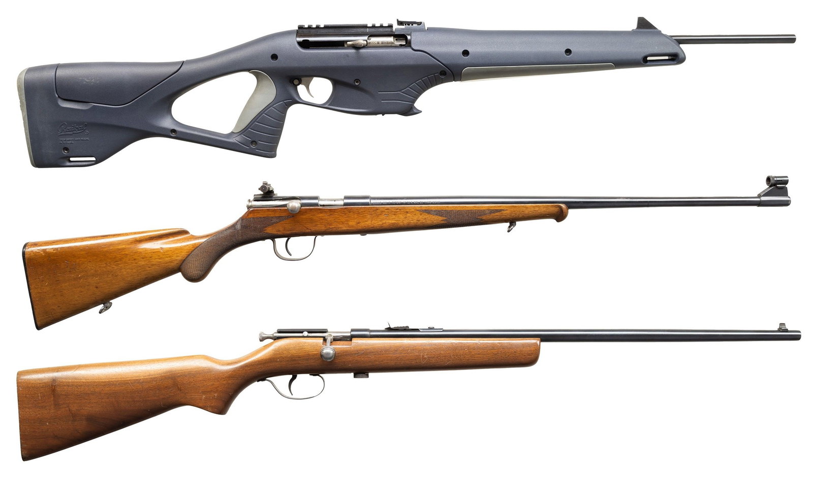 3 RIMFIRE RIFLES: BAIKAL, POLISH & COOEY.: 1) BAIKAL MP-161K MR-161K SEMI AUTO RIFLE. Cal. 22 LR. S# 1116102226B. Mfg. 2011 by Izhmash of Russia & imported by USSG. Bbl. 19.5". Sporting sights; picatinny rail on receiver. Synthetic stock. MAGS
