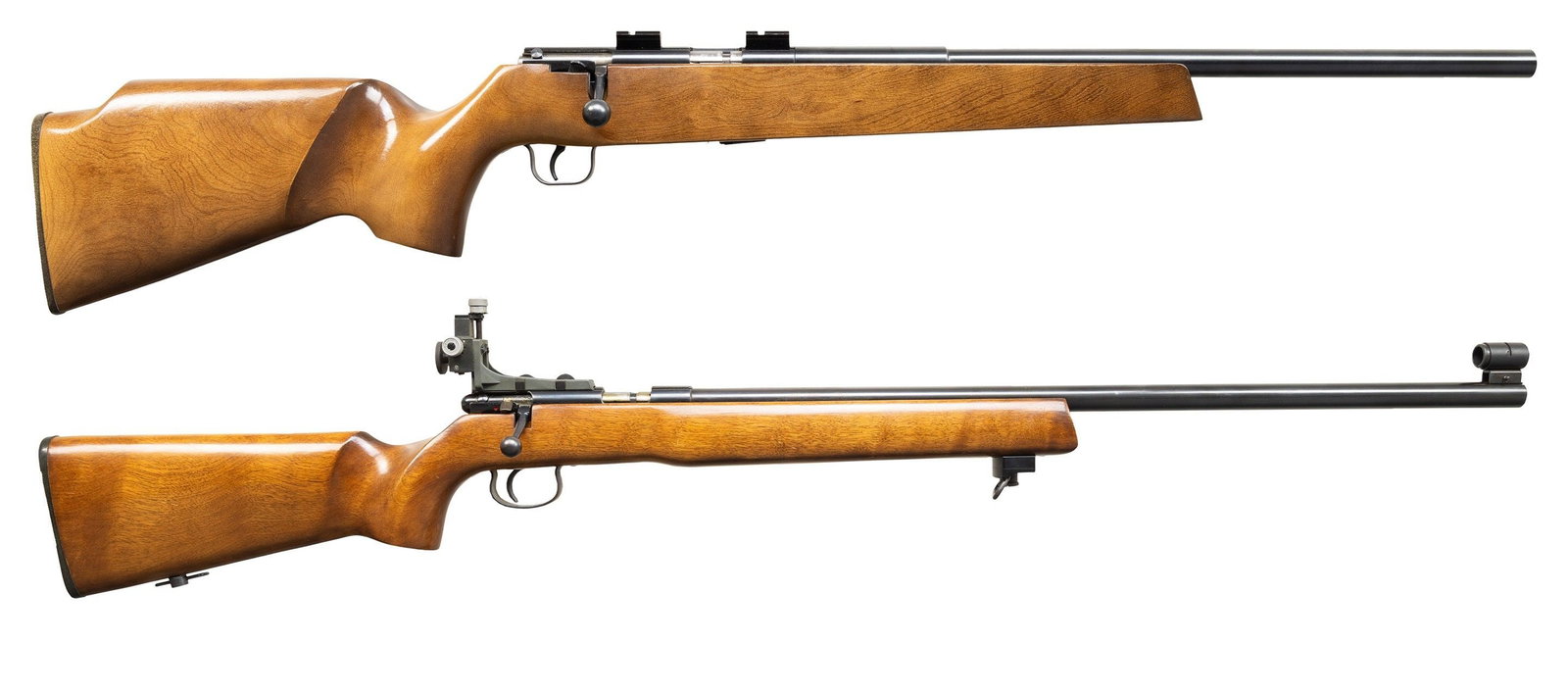 2 BOLT ACTION 22RF SPORTING RIFLES.: 1) LAKEFIELD M92S. S#. S00144. Bbl. 21" with no provisions for sights. Grooved rec with scope blocks. Smooth pistol grip hardwood stock with checkered butt plate, raised cheek rest, & flat foreend. MA