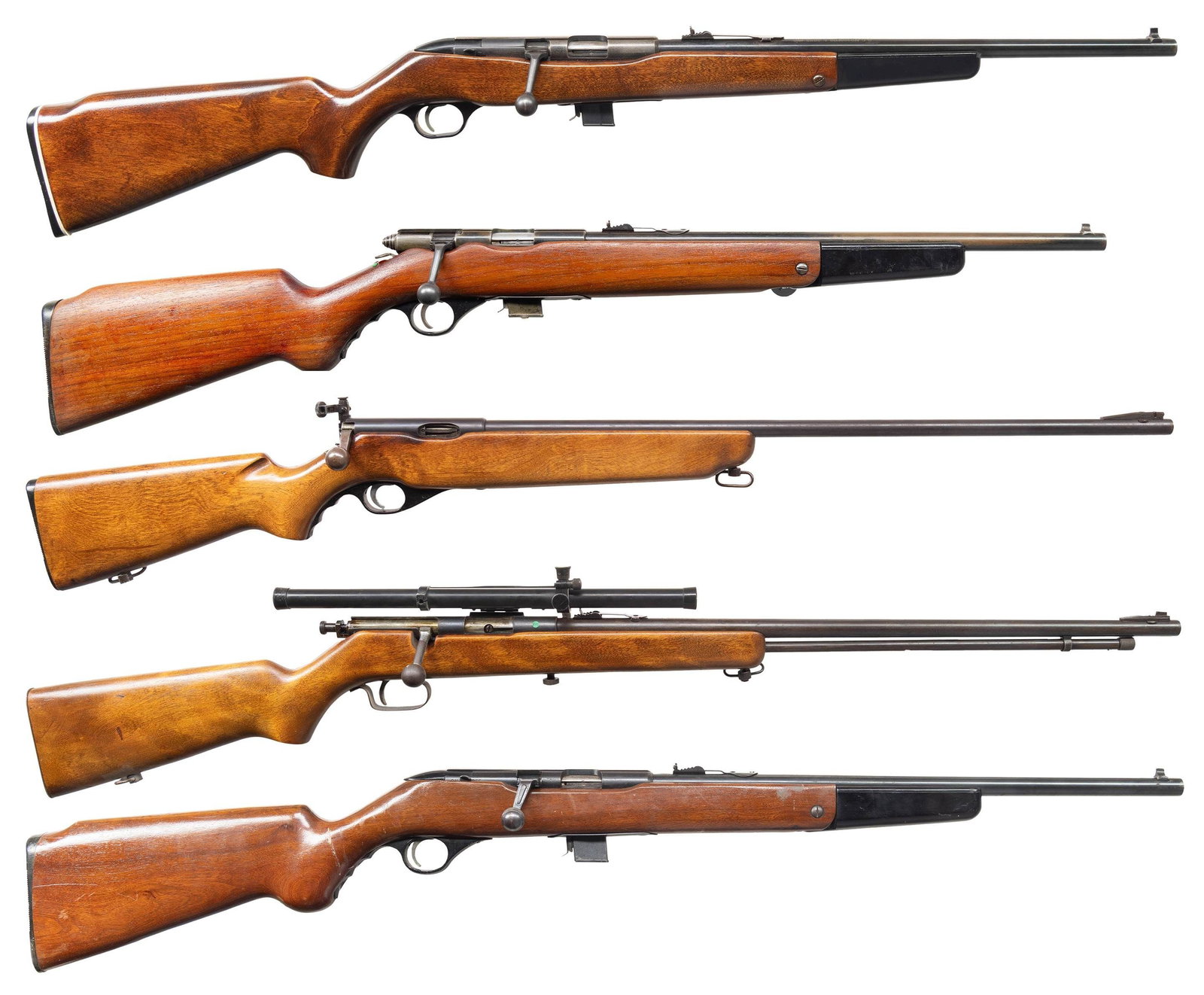 5 MOSSBERG 22RF RIFLES.: 1. M342KC. Cal. 22 S,L,LR. S# NSN. Bbl 18" with dovetailed bead front sight. Ladder adj rear sight. Grooved rec. Smooth pistol grip walnut stock with Checkered Mossberg buttplate & sling swivels. MAGS